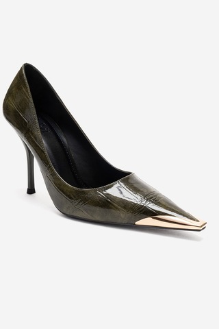 Luvishoes Alvena Yeşil Baskı Önü Metal Detaylı Kadın Topuklu Ayakkabı Yeşil