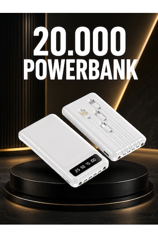 20.000mah Pd Powerbank Led Işık Lcd Ekran Dahili Kablo Çoklu Giriş Yeni Nesil - Lisinya Beyaz