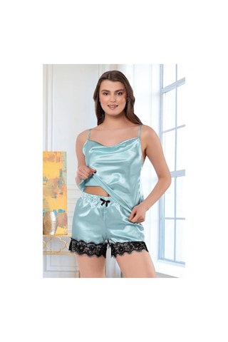 Faal 3102 Kadın Saten Degaje Yaka İp Askılı Şortlu Pijama Takım-mint Mint