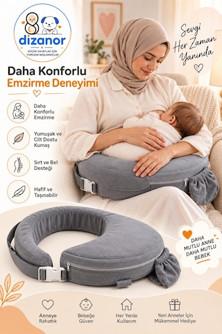 Dizanor Ayarlanabilir Kemerli Çok Amaçlı Emzirme Minderi Fermuarlı Yıkanabilir Kılıf 56x50x11 Cm - Gri