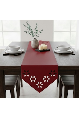 1 Adet Deri Runner-40x140 Cm-çiçek Desenli Runner Kırmızı
