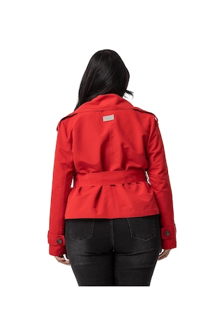 Büyük Beden Mono Yaka Kemerli Astarlı Kısa Kırmızı Trençkot Kırmızı