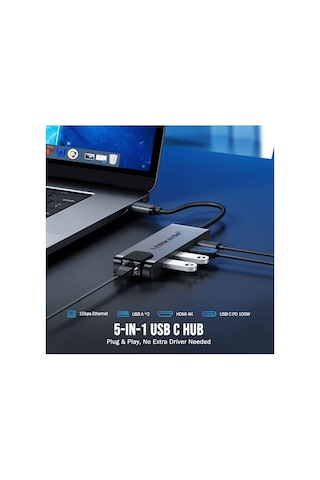 Lemorele Tc24, 5 İn 1 Çoğaltıcı Hub - 1x Rj45 İnternet 2x Usb 3.0 4k Hdmı Ve Type-c Pd Şarj Girişli Çoklayıcı
