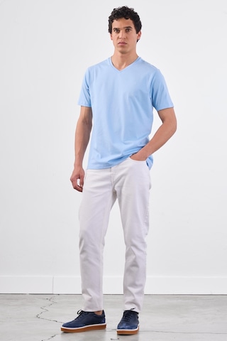 Dufy Açık Mavi V Yaka Pamuklu Düz Renk Slim Fit Erkek T-shirt Mavi