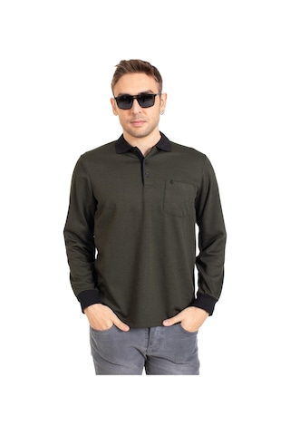 Erkek Orta Yaş ve Üzeri Polo Yaka Cepli Uzun Kollu Fitilli Mevsimlik Sweatshirt 1219-Haki Yeşili-Haki Yeşili Haki