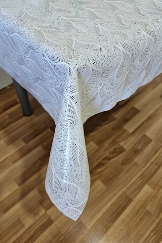 Hasır Pvc Kaplamalı Silinebilir Masa Örtüsü Su Geçirmez Lüks Muşamba Sofra Bezi Dantel Desenli Beyaz
