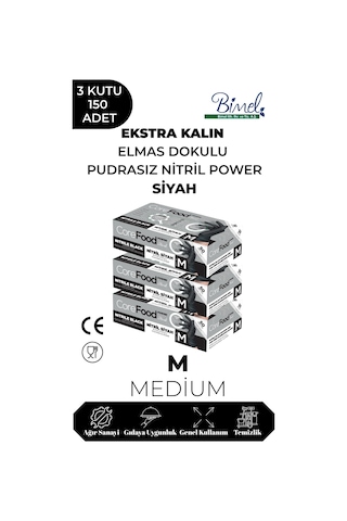 Nitril Siyah Power Muayene Eldiveni M - 3 Paket 50 Li