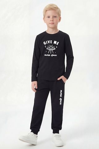 Panios Kids 3'lü Yuvarlak Yaka Sweatshirt Siyah Eşofmanlı Baskı Detaylı 6 Parça Erkek Çocuk Alt Üst Takım Siyah - Mint Yeşili