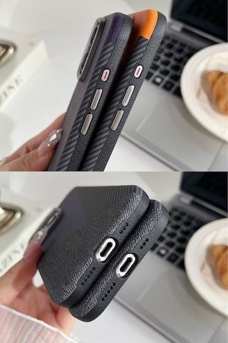 Apple Uyumlu iPhone Akfa 15 Pro Craft Serisi Deri Karbon Ve Kumaş Tasarımlı Lüks Premium Telefon Kılıfı Siyah