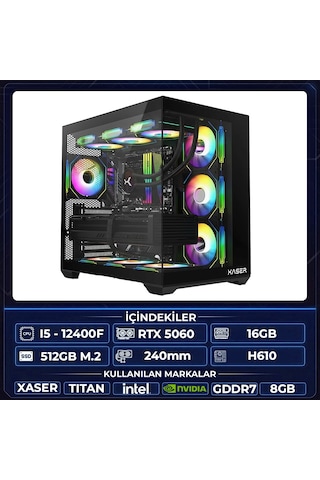Xaser Titan X10 i5-12400F 16 GB 512 GB M.2 NVMe SSD 8 GB RTX5060 Free Dos Masaüstü Oyuncu Bilgisayarı