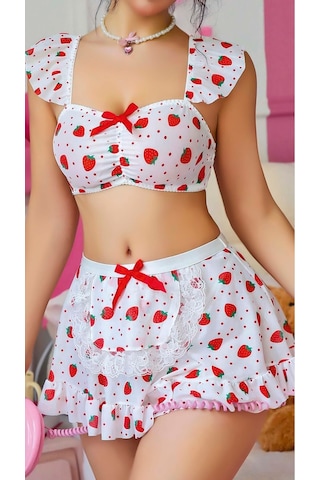 Çilek Desenli Seksi Büstiyer Ve Mini Etek Çok Renkli