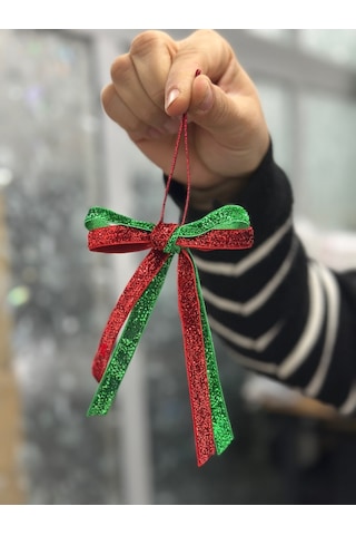 Paşateks Çift Renk 1 Cm Yeşil/kırmızı Simli Fiyonk Askılı Noel Ağaç Süsü