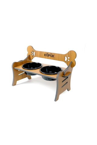 Köpek Su Ve Mama Kabı Standı-özel İsim Baskılı-suya Dayanıklı-ceviz Cdf- Siyah Seramik Kase-2 1000ml