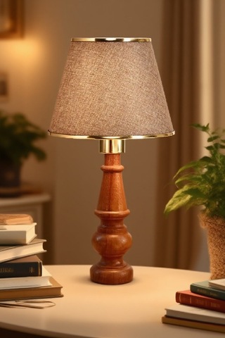 Ahşap Gövdeli Kumaş Başlıklı Dekoratif Abajur Masa Lambası Aydınlatma Lamba Kahverengi