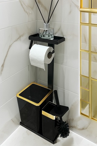 3'ü 1 Arada Banyo Seti Tuvalet Kağıtlık, Çöp Kovası Ve Tuvalet Fırça Takımı Altın - Siyah