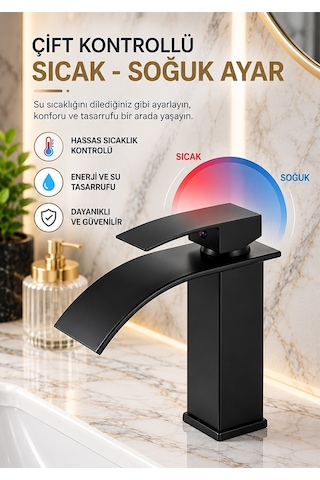 Siyah Şelale Lavabo Bataryası Mat Siyah Kare Banyo Lavabo Musluğu Paslanmaz Gövde Tek Kollu Sıcak Soğuk Batarya