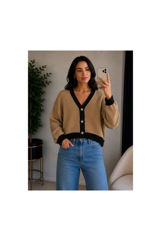 Hira Life Fashion Kadın V Yaka Düğmeli Şeritli Kısa Crop Ceket-hırka Vizon Vizon