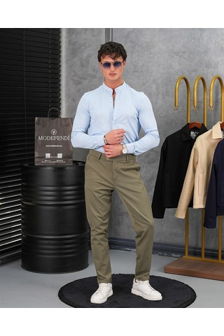 Modefendi %100 Pamuklu Slimfit Gizli Kanun Yaka Gömlek Mavi