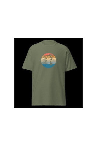 Wildstyle Retro Balık Gün Batımı Vintage Balıkçılık Deniz Baskılı Unisex Bisiklet Yaka Pamuklu Tişört Haki