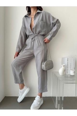 Kadın Oversize Keten Gömlek Pantolon Alt Üst Takım Gri