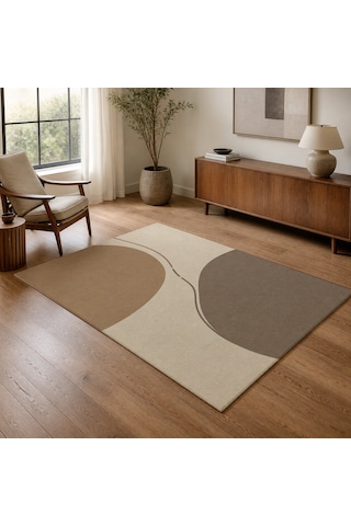 Kartela Halı Denge Soyut Modern Halı Bej Kaymaz Taban Makinede Yıkanabilir Salon Halısı 120x180 Cm