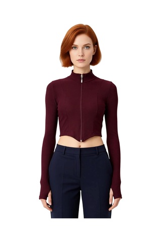 Frm Kadın Fermuarlı Dik Yaka Örme Crop Üst Kaliteli Şık Rahat Modern bordo