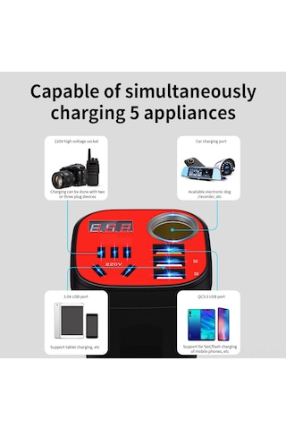 Youtek Araç Invertörü 12v/24v'den 220v'ye Çevirici, Usb Hızlı Şarj, Led Ekranlı, Siyah - Araba/kamyon Güç Kaynağı