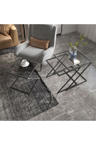 Misto Z Şekil Camlı Üçlü Zigon Sehpa Siyah