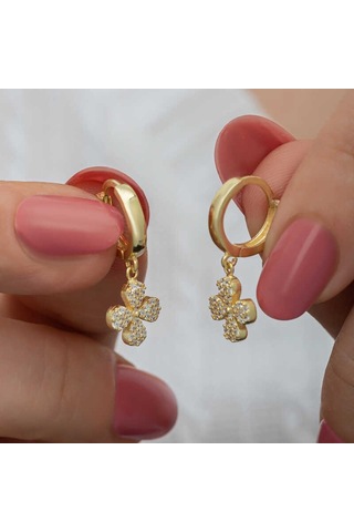 Aya Diamond Gümüş Gold Sallantılı Yonca Kadın Küpe Gold