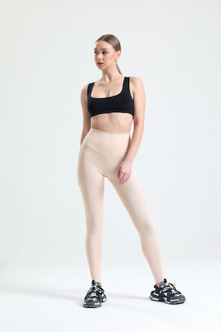 Caramel Yüksek Bel Toparlayıcı Dalgıç Kumaş Spor Günlük Tayt Ekru