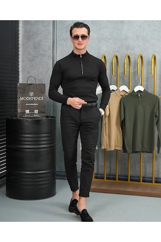 Modefendi Pamuk Likra Slim Fit Yarım Fermuarlı Kazak Siyah