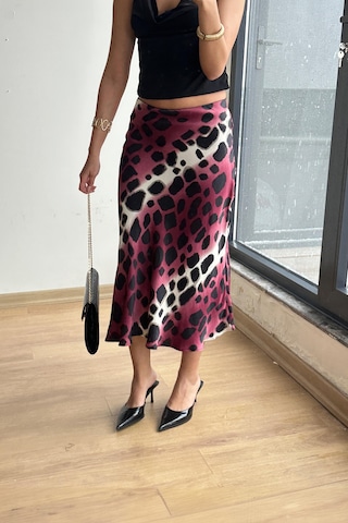 Mixray 4647 Kadın Beli Lastikli Leopar Saten Etek Bordo