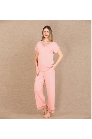 Ang Butik Kadın Viskon Şık Tasarım Dantel İşlemeli Açık Pembe Kısa Kol Pijama Takımı