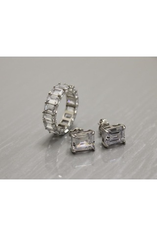 Silver Point Baget Taşlı Yüzük Ve Küpe Set Gümüş