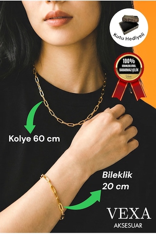 Kararmaz İthal Çelik Ataç Model Zincir Kolye & Bileklik Set Özel Kutulu, Hediyeli Ürün Altın
