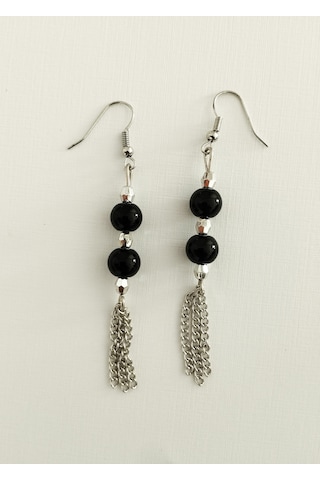 K209 Sallantılı Oniks Doğal Taşlı Küpe Gümüş - Siyah