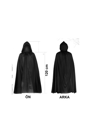 Hadpols Premium Giyim Eşyası Genç Ürünü Siyah Uzun Pelerin 120 Cm Kapüşonlu Cosplay Ve Parti Kostümü