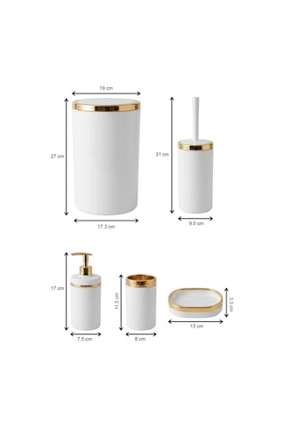 Makri Home Banyo Seti 5'li,akrilik-çöpkovası,wc Fırçalık,sıvı Sabunluk,diş Fırçalık,el Sabunluk,gold Renk Detay Beyaz