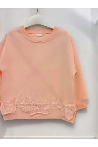 Kız Çocuk Kelebek İşlemeli Sweatshirt-14229 Pudra