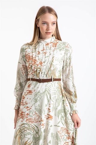 Hasır Örgü Kemer Detaylı Desenli Emprime Elbise Haki-haki Haki