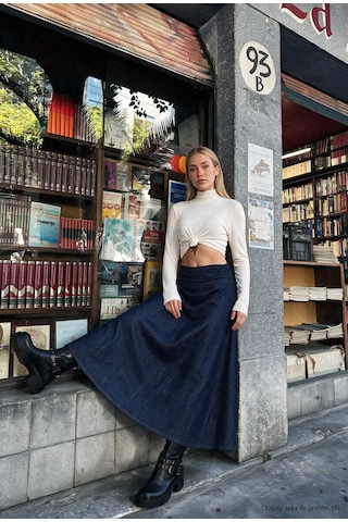 Kadın İndigo 7w6-50 Relaxed Fit Maxi Denim Etek Lacivert