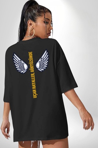 Uçan Hayaller Gökyüzünde Melek Kanatları Siyah Oversize Unisex Ön Ve Sırt Baskılı Tişört Siyah