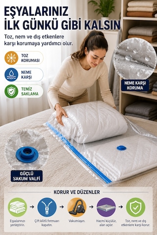 Maxi Boy Vakumlu Hurç 80x110 Cm 1 Adet Çift Kilitli Vakum Poşeti Yorgan Battaniye Saklama Çuvalı Şeffaf