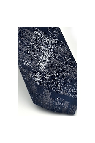 Gaffy Gri Desenli Lacivert Dokuma Kumaş Mendilli Slim Fit Kravat // Sdk-2608-2 Lacivert
