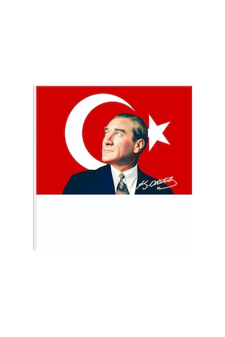 50x75cm Atatürk İmzalı Raşel Kumaş Sopalı Türk Bayrağı Dayanıklı Ve Kaliteli Dijital Baskı 50x75