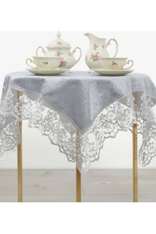 Favora Fatih Güpürlü Kadife Fiskos Örtüsü Gri