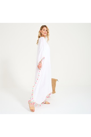 Püskül Detaylı V Yaka Uzun Plaj Elbisesi Beyaz-Standart Beyaz