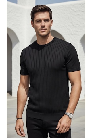 Plus Scorpion Erkek Slim Fit Triko Tişört Bisiklet Yaka Çizgili Modern Şık Tasarım Siyah