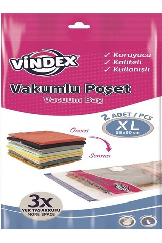 Vindex Vakumlu Giyisi Yastık Yorgan Saklama Torbası Poşeti Hurç - X Large - 55x90 Cm. -2li 10 Paket Şeffaf