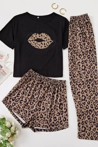 Bella Notte 3 Parça Leopar Desenli Pamuklu Pijama Takımı